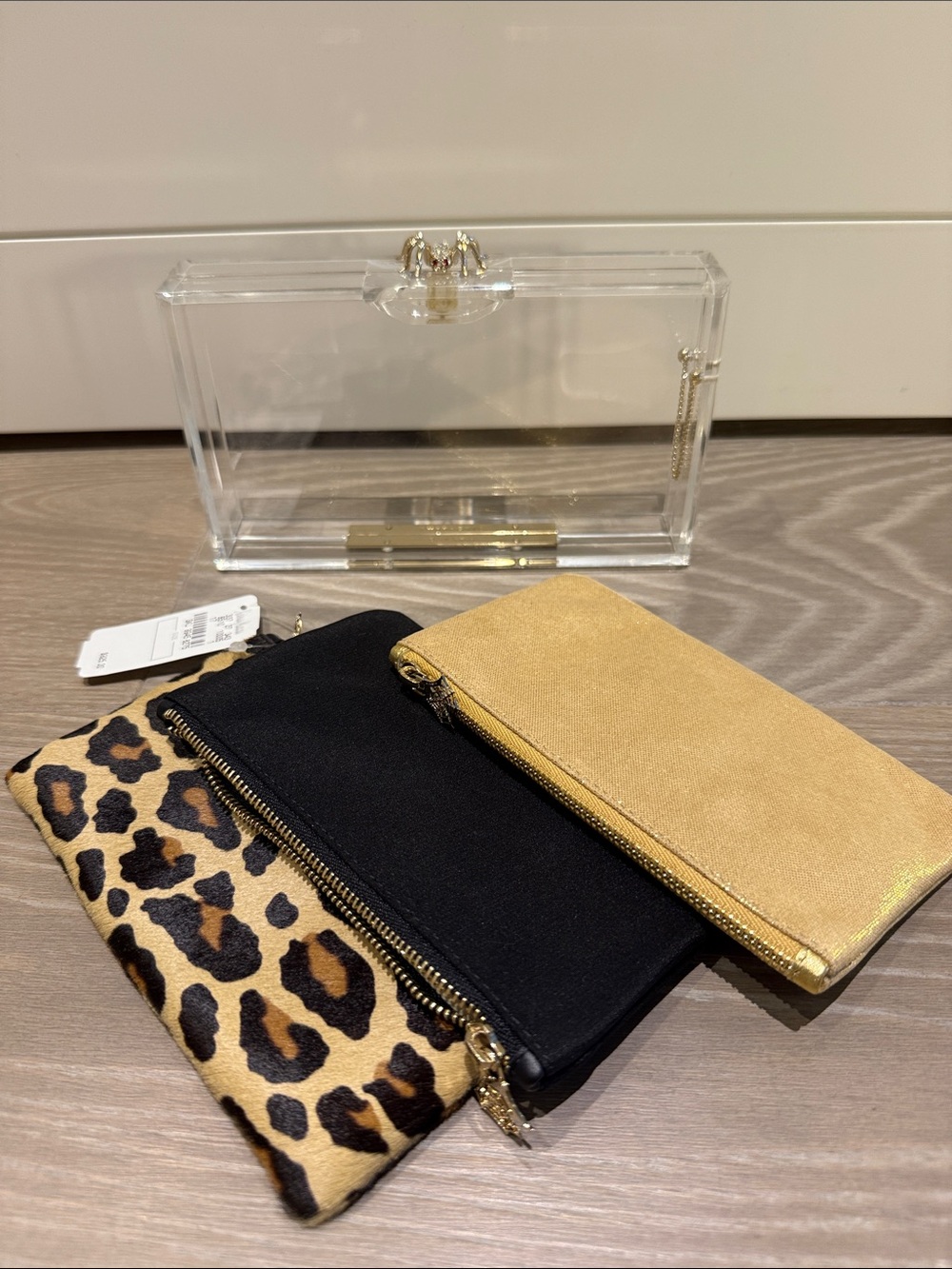 Charlotte Olympia Clear Acrylic Box Clutch with Gold Spider Accent